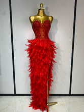 Sparkly Rhinestone Feather Mesh Long Dress Women Sexy Elegant Evening Party Luxury Birthday Photo Shoot Performance Costume